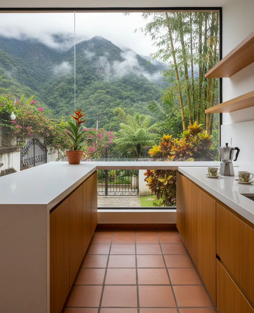 Cocina luminosa con piso de terracota, cafetera y un ventanal hacia la montaña