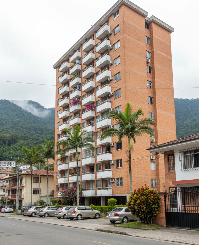 Edificio residencial de ladrillo con balcones blancos, palmeras y carros estacionados frente a la calle